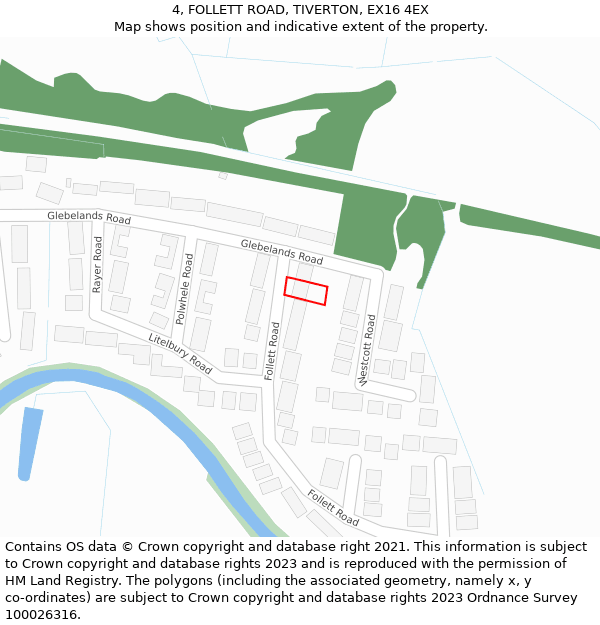 4, FOLLETT ROAD, TIVERTON, EX16 4EX: Location map and indicative extent of plot