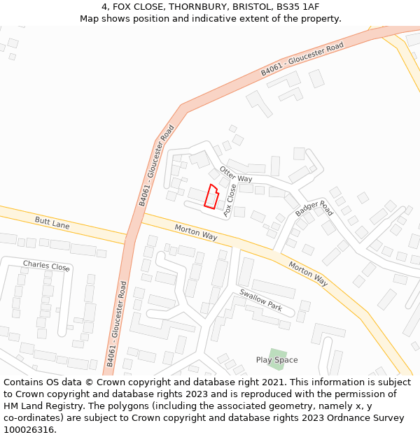 4, FOX CLOSE, THORNBURY, BRISTOL, BS35 1AF: Location map and indicative extent of plot