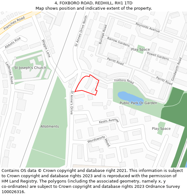 4, FOXBORO ROAD, REDHILL, RH1 1TD: Location map and indicative extent of plot