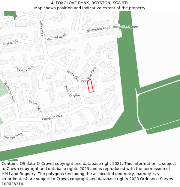 4, FOXGLOVE BANK, ROYSTON, SG8 9TH: Location map and indicative extent of plot