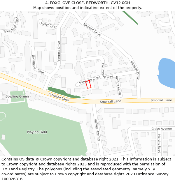 4, FOXGLOVE CLOSE, BEDWORTH, CV12 0GH: Location map and indicative extent of plot