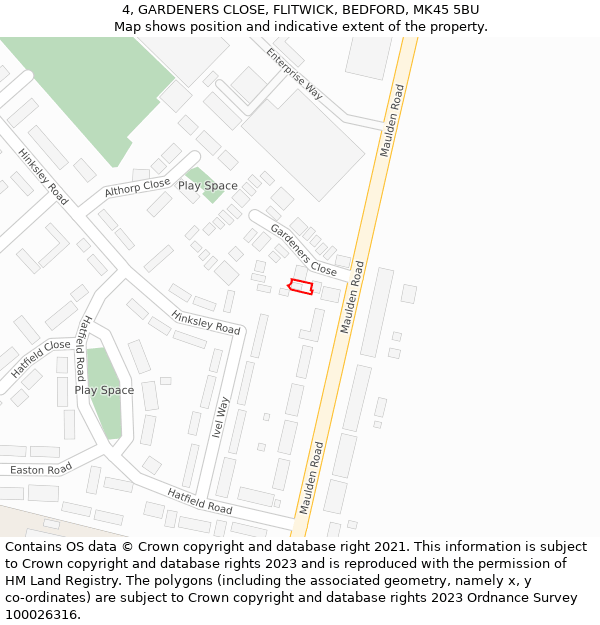 4, GARDENERS CLOSE, FLITWICK, BEDFORD, MK45 5BU: Location map and indicative extent of plot