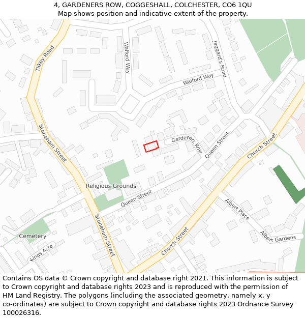 4, GARDENERS ROW, COGGESHALL, COLCHESTER, CO6 1QU: Location map and indicative extent of plot