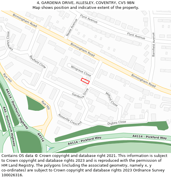 4, GARDENIA DRIVE, ALLESLEY, COVENTRY, CV5 9BN: Location map and indicative extent of plot