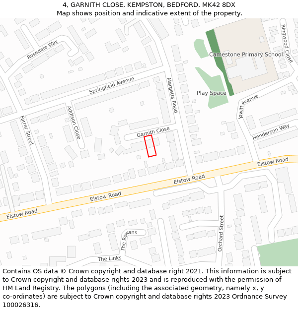 4, GARNITH CLOSE, KEMPSTON, BEDFORD, MK42 8DX: Location map and indicative extent of plot