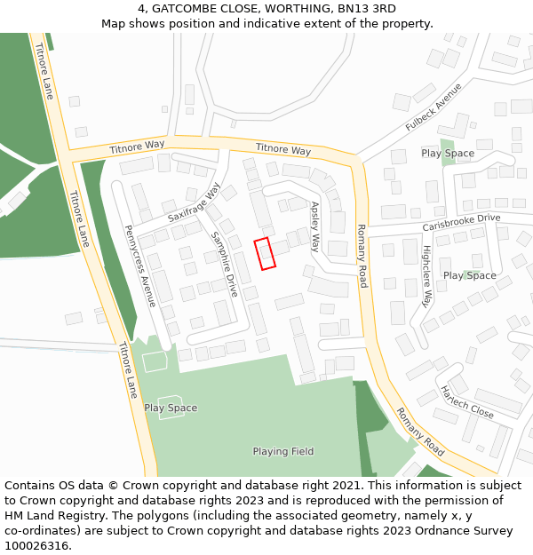 4, GATCOMBE CLOSE, WORTHING, BN13 3RD: Location map and indicative extent of plot