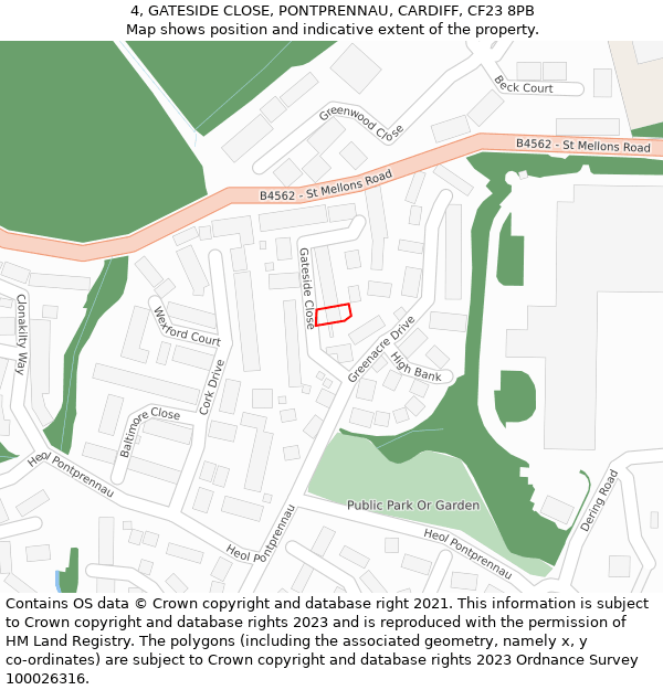 4, GATESIDE CLOSE, PONTPRENNAU, CARDIFF, CF23 8PB: Location map and indicative extent of plot