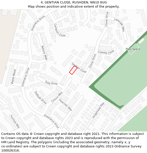 4, GENTIAN CLOSE, RUSHDEN, NN10 0UG: Location map and indicative extent of plot