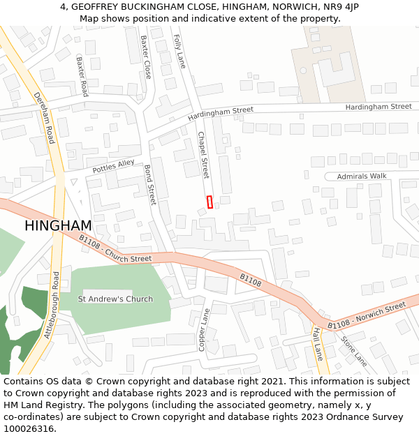 4, GEOFFREY BUCKINGHAM CLOSE, HINGHAM, NORWICH, NR9 4JP: Location map and indicative extent of plot