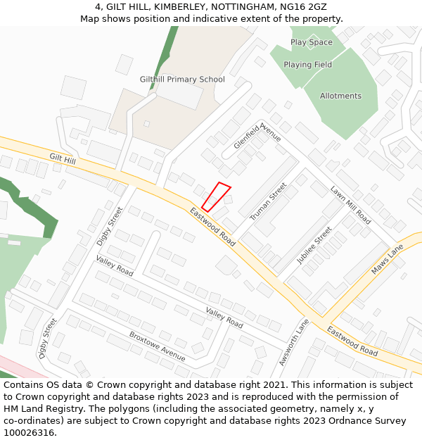 4, GILT HILL, KIMBERLEY, NOTTINGHAM, NG16 2GZ: Location map and indicative extent of plot