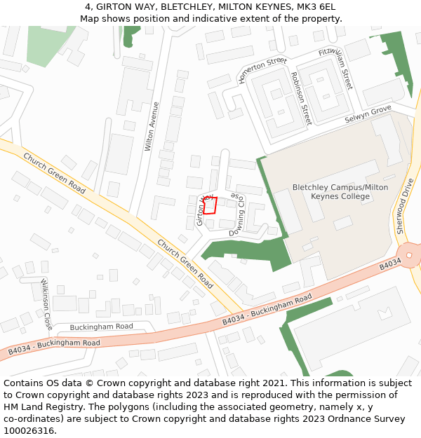 4, GIRTON WAY, BLETCHLEY, MILTON KEYNES, MK3 6EL: Location map and indicative extent of plot