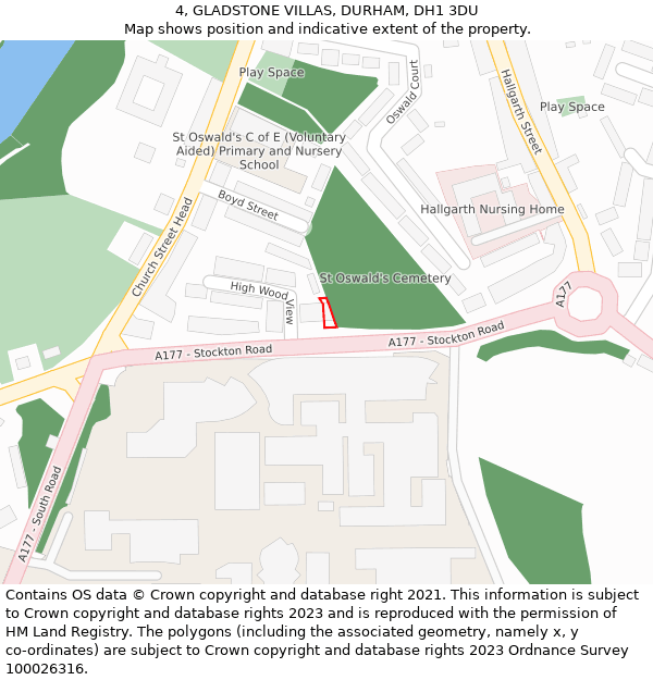 4, GLADSTONE VILLAS, DURHAM, DH1 3DU: Location map and indicative extent of plot