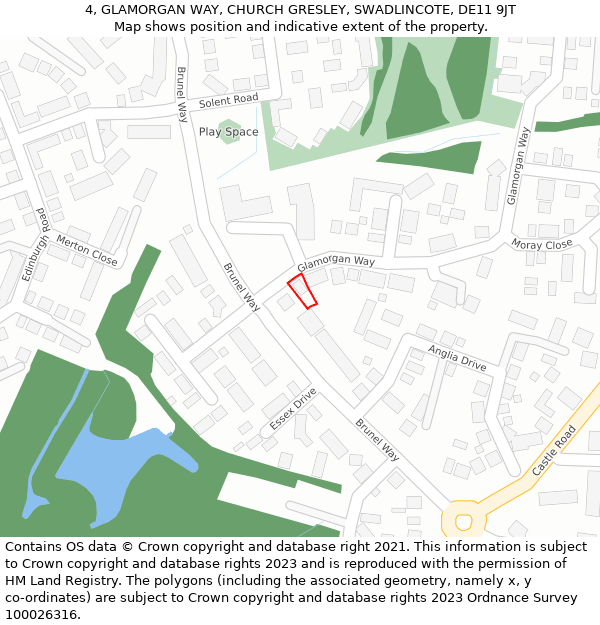 4, GLAMORGAN WAY, CHURCH GRESLEY, SWADLINCOTE, DE11 9JT: Location map and indicative extent of plot