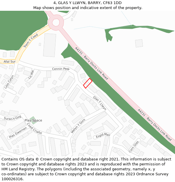 4, GLAS Y LLWYN, BARRY, CF63 1DD: Location map and indicative extent of plot