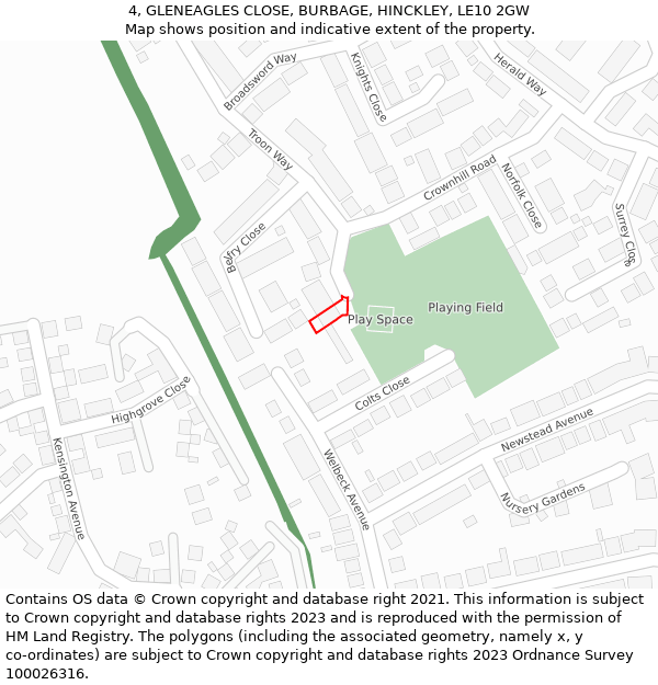 4, GLENEAGLES CLOSE, BURBAGE, HINCKLEY, LE10 2GW: Location map and indicative extent of plot