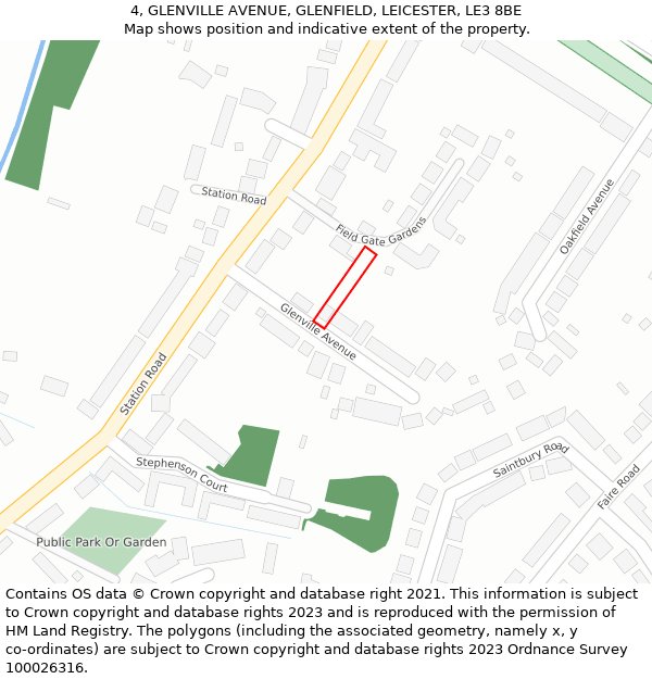 4, GLENVILLE AVENUE, GLENFIELD, LEICESTER, LE3 8BE: Location map and indicative extent of plot