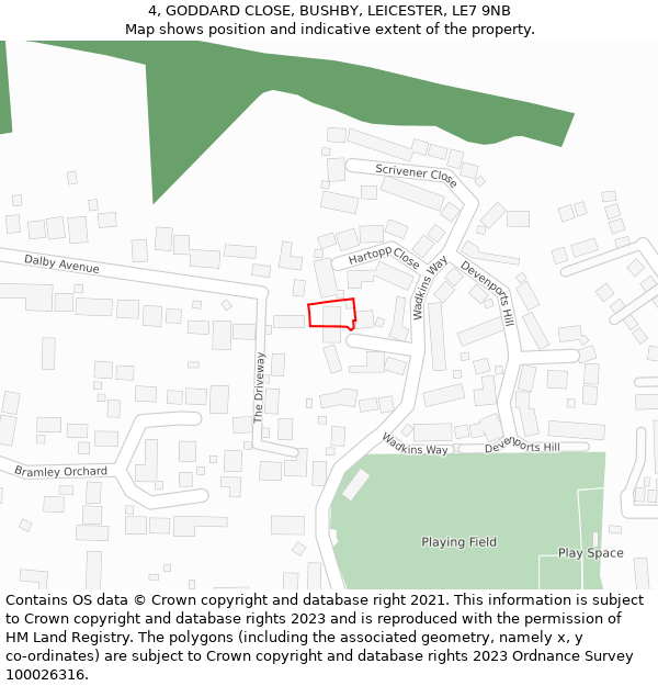 4, GODDARD CLOSE, BUSHBY, LEICESTER, LE7 9NB: Location map and indicative extent of plot