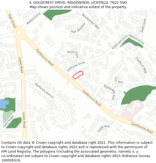 4, GOLDCREST DRIVE, RIDGEWOOD, UCKFIELD, TN22 5QG: Location map and indicative extent of plot