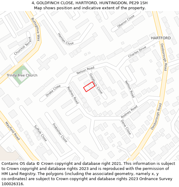 4, GOLDFINCH CLOSE, HARTFORD, HUNTINGDON, PE29 1SH: Location map and indicative extent of plot