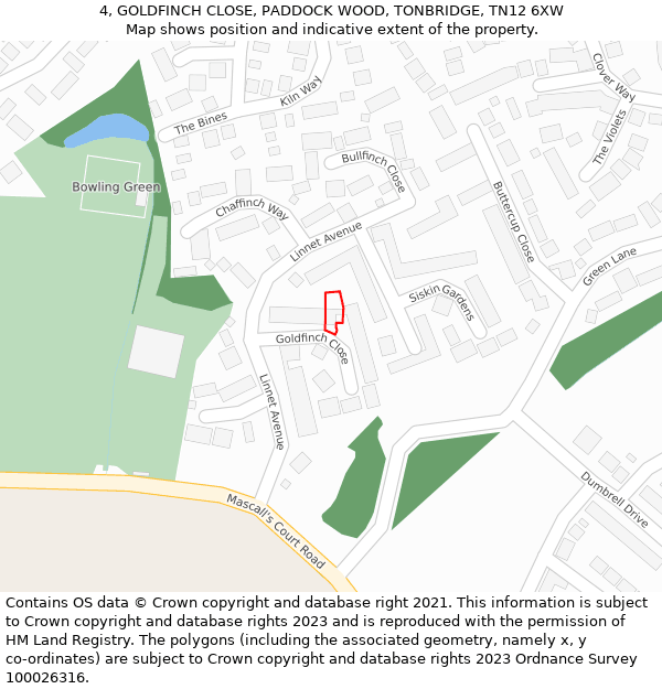 4, GOLDFINCH CLOSE, PADDOCK WOOD, TONBRIDGE, TN12 6XW: Location map and indicative extent of plot