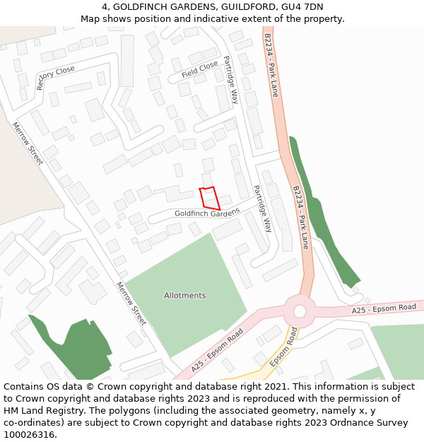 4, GOLDFINCH GARDENS, GUILDFORD, GU4 7DN: Location map and indicative extent of plot