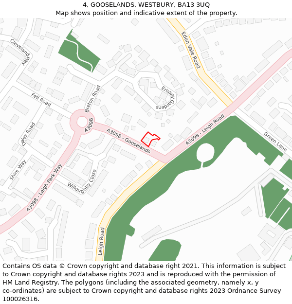 4, GOOSELANDS, WESTBURY, BA13 3UQ: Location map and indicative extent of plot