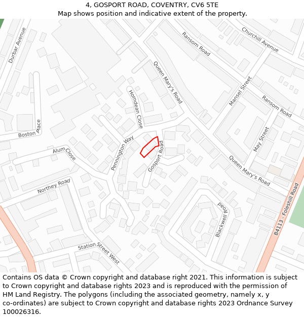 4, GOSPORT ROAD, COVENTRY, CV6 5TE: Location map and indicative extent of plot