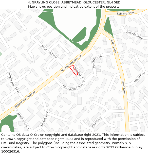 4, GRAYLING CLOSE, ABBEYMEAD, GLOUCESTER, GL4 5ED: Location map and indicative extent of plot