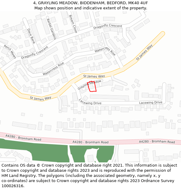 4, GRAYLING MEADOW, BIDDENHAM, BEDFORD, MK40 4UF: Location map and indicative extent of plot