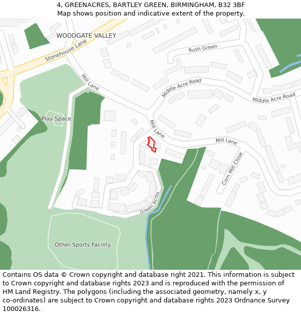 4, GREENACRES, BARTLEY GREEN, BIRMINGHAM, B32 3BF: Location map and indicative extent of plot