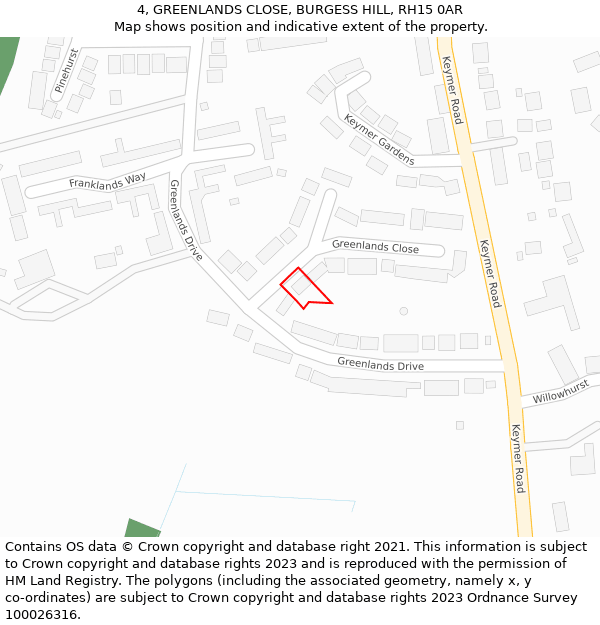 4, GREENLANDS CLOSE, BURGESS HILL, RH15 0AR: Location map and indicative extent of plot