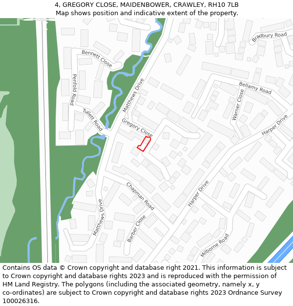 4, GREGORY CLOSE, MAIDENBOWER, CRAWLEY, RH10 7LB: Location map and indicative extent of plot