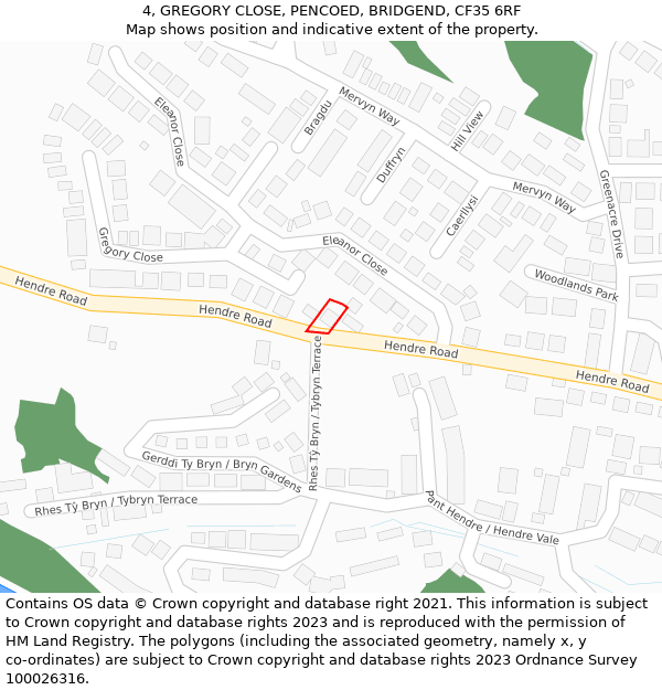 4, GREGORY CLOSE, PENCOED, BRIDGEND, CF35 6RF: Location map and indicative extent of plot