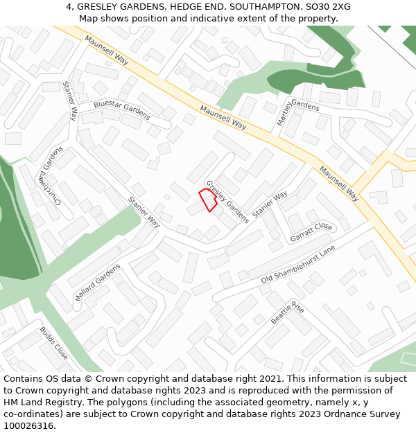 4, GRESLEY GARDENS, HEDGE END, SOUTHAMPTON, SO30 2XG: Location map and indicative extent of plot