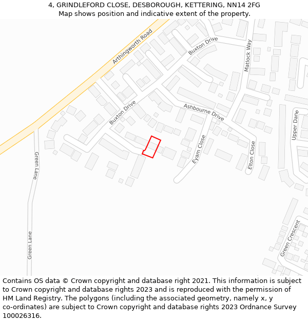 4, GRINDLEFORD CLOSE, DESBOROUGH, KETTERING, NN14 2FG: Location map and indicative extent of plot