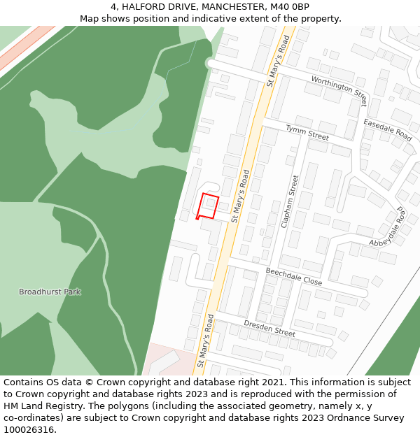 4, HALFORD DRIVE, MANCHESTER, M40 0BP: Location map and indicative extent of plot