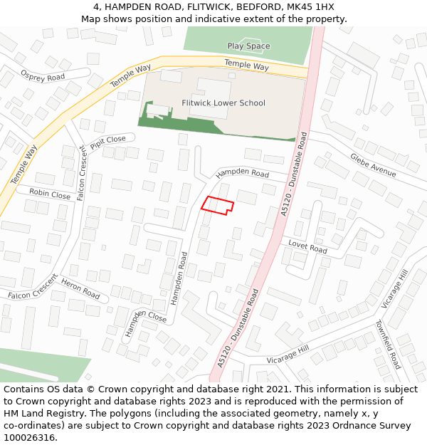 4, HAMPDEN ROAD, FLITWICK, BEDFORD, MK45 1HX: Location map and indicative extent of plot