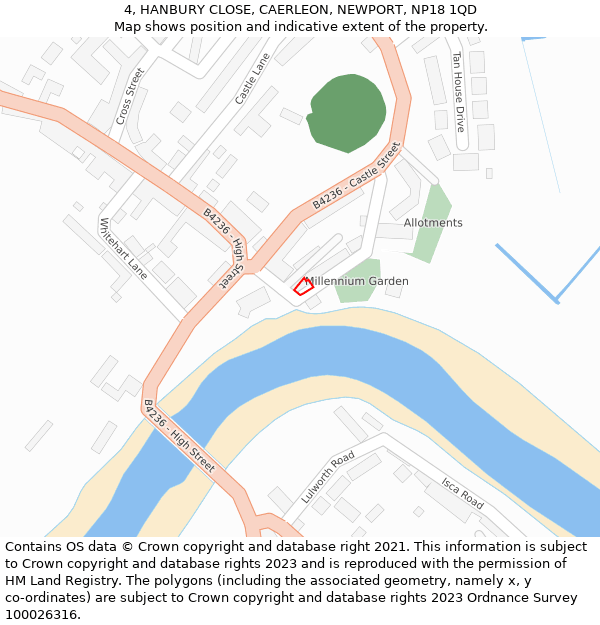 4, HANBURY CLOSE, CAERLEON, NEWPORT, NP18 1QD: Location map and indicative extent of plot