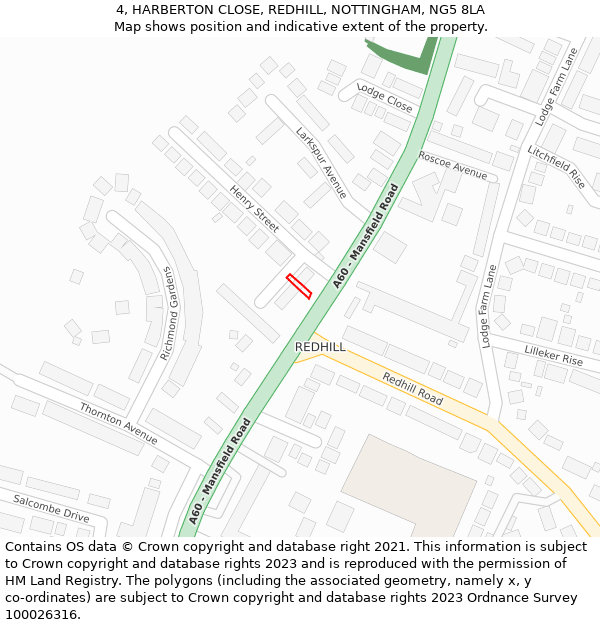 4, HARBERTON CLOSE, REDHILL, NOTTINGHAM, NG5 8LA: Location map and indicative extent of plot