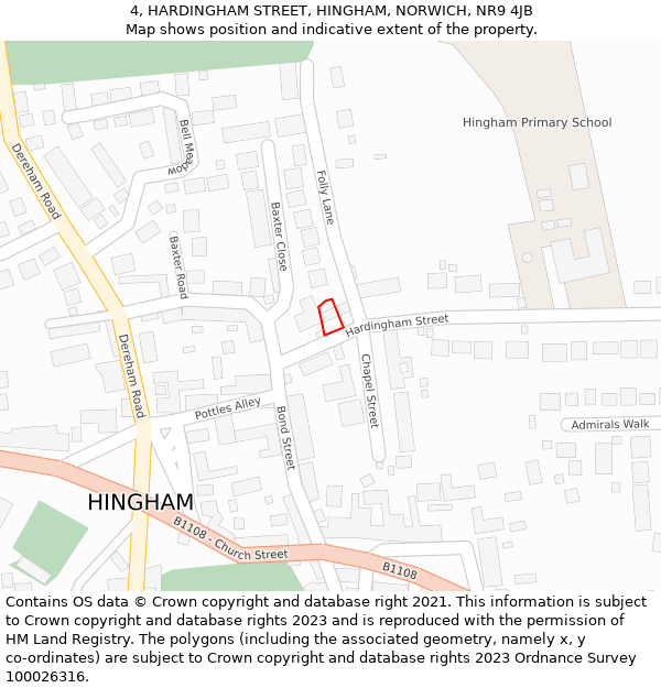 4, HARDINGHAM STREET, HINGHAM, NORWICH, NR9 4JB: Location map and indicative extent of plot