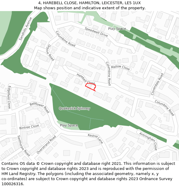 4, HAREBELL CLOSE, HAMILTON, LEICESTER, LE5 1UX: Location map and indicative extent of plot