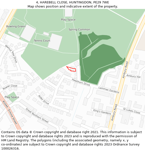 4, HAREBELL CLOSE, HUNTINGDON, PE29 7WE: Location map and indicative extent of plot