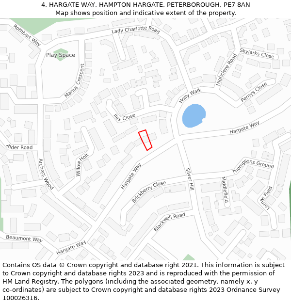 4, HARGATE WAY, HAMPTON HARGATE, PETERBOROUGH, PE7 8AN: Location map and indicative extent of plot