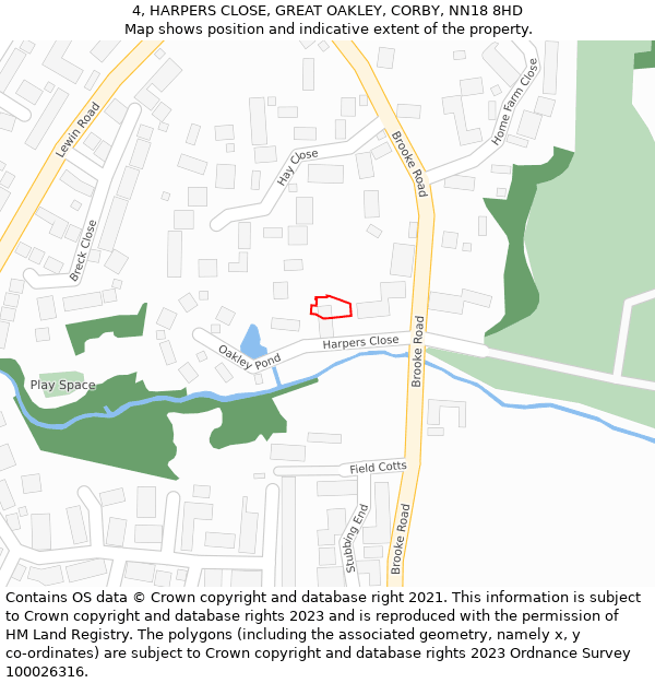 4, HARPERS CLOSE, GREAT OAKLEY, CORBY, NN18 8HD: Location map and indicative extent of plot