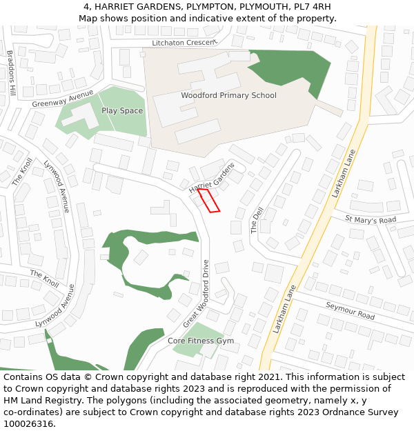 4, HARRIET GARDENS, PLYMPTON, PLYMOUTH, PL7 4RH: Location map and indicative extent of plot