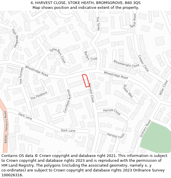 4, HARVEST CLOSE, STOKE HEATH, BROMSGROVE, B60 3QS: Location map and indicative extent of plot