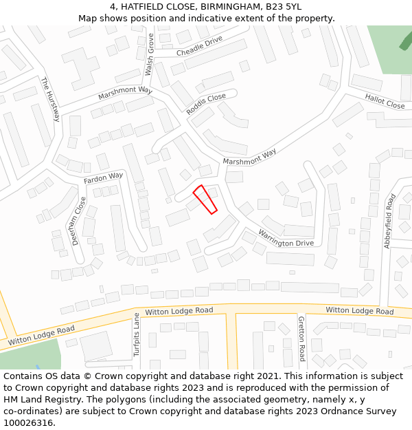 4, HATFIELD CLOSE, BIRMINGHAM, B23 5YL: Location map and indicative extent of plot