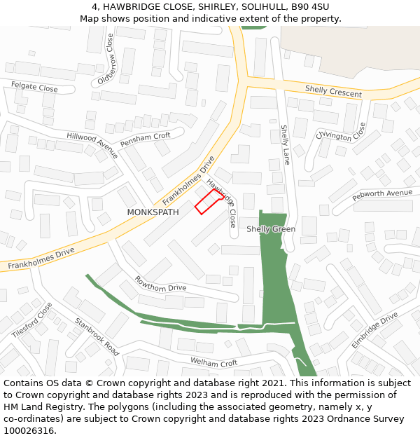 4, HAWBRIDGE CLOSE, SHIRLEY, SOLIHULL, B90 4SU: Location map and indicative extent of plot