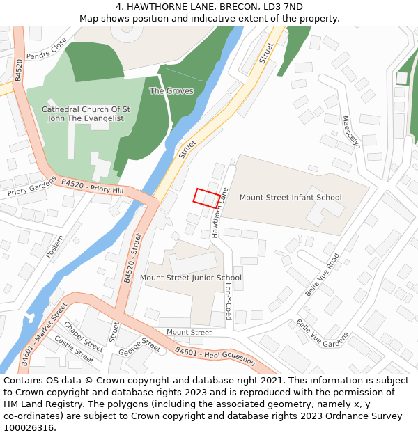 4, HAWTHORNE LANE, BRECON, LD3 7ND: Location map and indicative extent of plot