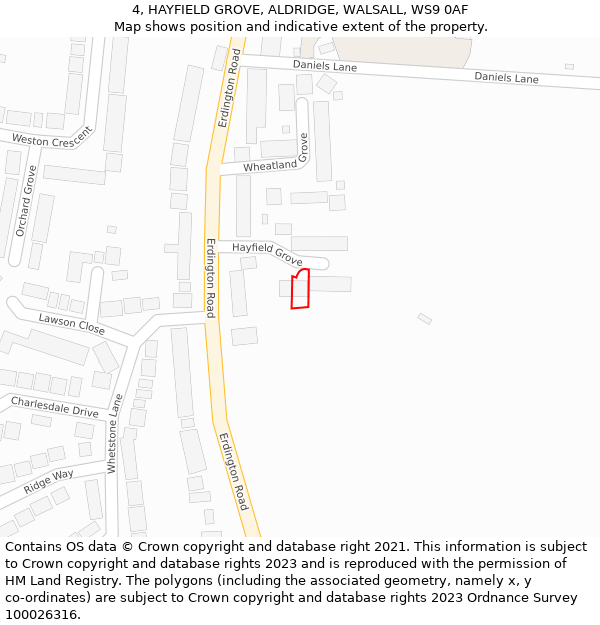 4, HAYFIELD GROVE, ALDRIDGE, WALSALL, WS9 0AF: Location map and indicative extent of plot